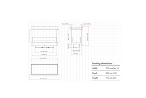Technical drawing of a fireplace with dimensions on a white background