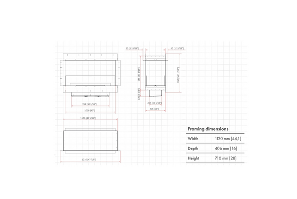 Technical drawing of a fireplace with dimensions on a white background