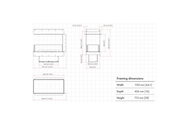 Technical drawing of a Planika's fireplace forum with dimensions on a white background