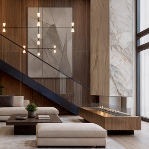 Modern living room with a sectional sofa, coffee table, and decorative elements.