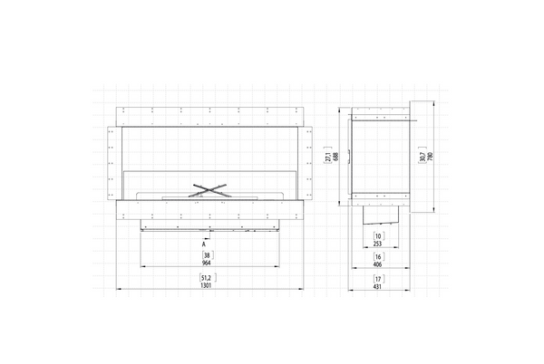 Dimensional drawing of Planika fireplace