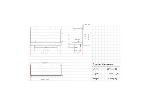 Technical drawing of a fireplace with dimensions on a white background