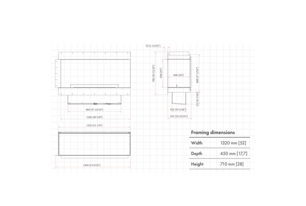 Technical drawing of a rectangular fireplace with dimensions on a white background