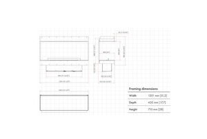 Technical drawing of a fireplace with dimensions on a white background