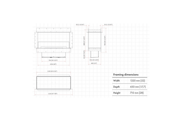 Technical drawing of a fireplace with dimensions on a white background