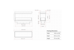 A dimension drawing of Planika fireplace forum 1200 room divider on a white background