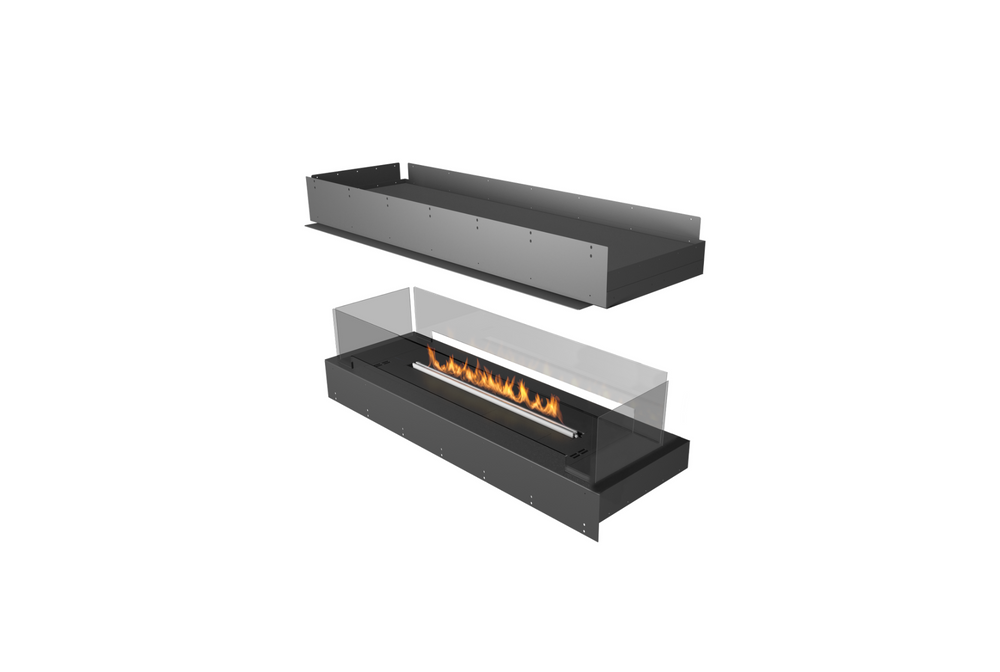 Modern black freestanding fireplace with glass front on a white background