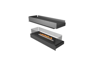 Modern black freestanding fireplace with glass front on a white background