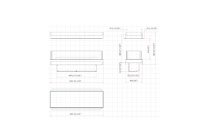 Technical drawing of a fireplace with dimensions