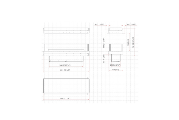 Technical drawing of a fireplace with dimensions