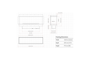 Technical drawing of Planika fireplace with dimensions on a white background