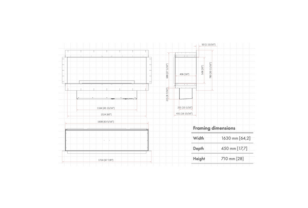 Technical drawing of Planika fireplace with dimensions on a white background