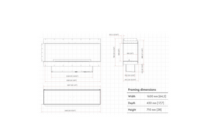 A dimensional drawing of modern black fireplace with flames on a white background