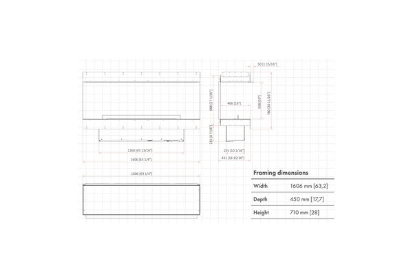 A dimensional drawing of a fireplace with number description on white background 