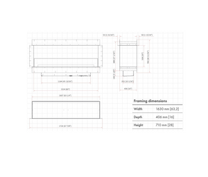 a dimensional drawing of fireplace with framing dimensions and numbers on paper