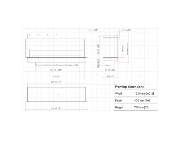 a dimensional drawing of fireplace with framing dimensions and numbers on paper