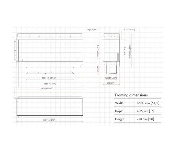 Technical drawing of a rectangular frame with dimensions