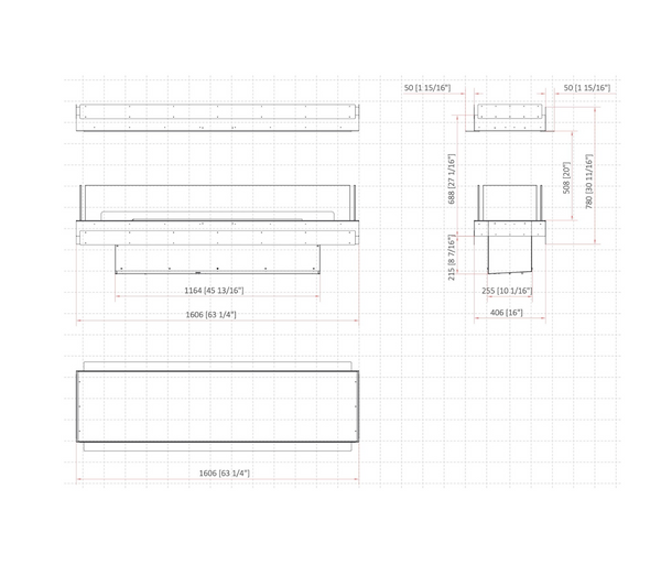 Technical drawing of a fireplace layout with dimensions on a grid background