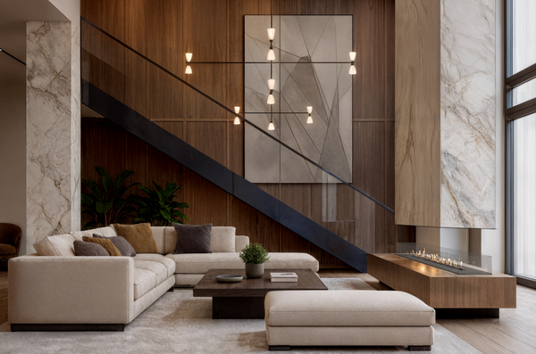 a luxury modern living room with couches and fireplace 