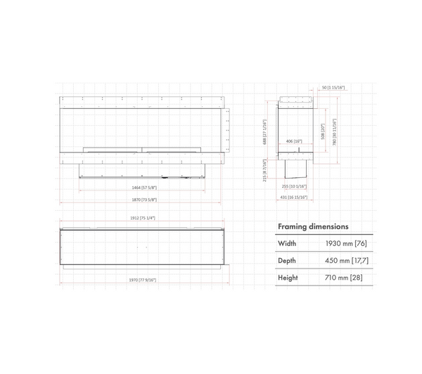Technical drawing of a fireplace with dimensions on a white background