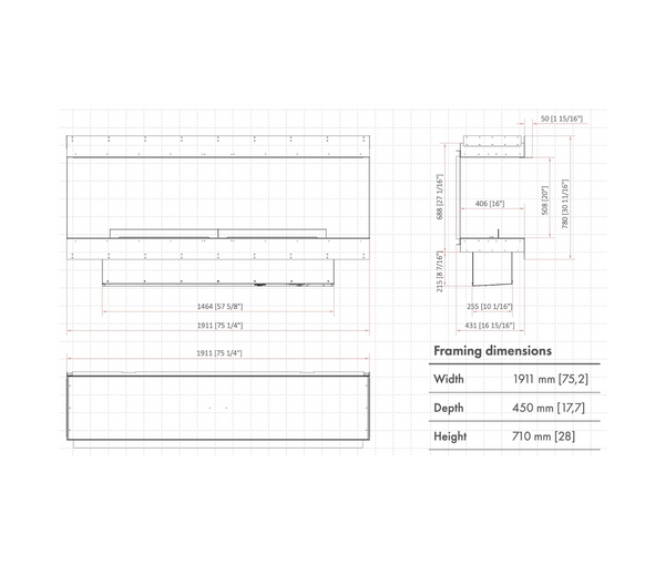 Technical drawing of a rectangular frame with dimensions