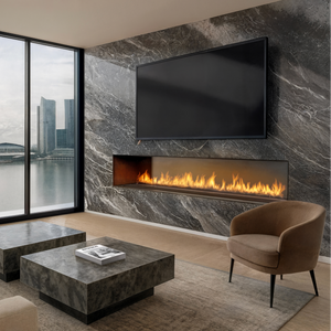 Modern living room with fireplace, TV, and cityscape view