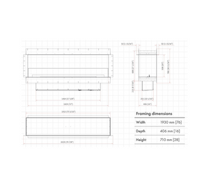 Technical drawing of a rectangular fireplace with dimensions