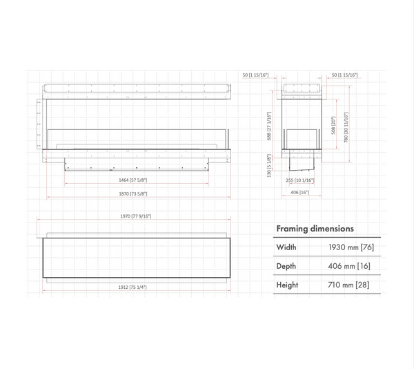 Technical drawing of a rectangular fireplace with dimensions