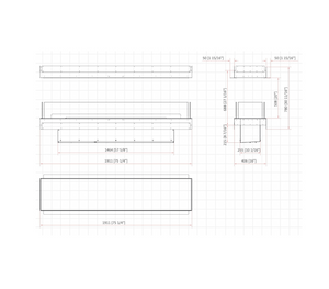 Technical drawing of a rectangular fireplace with dimensions