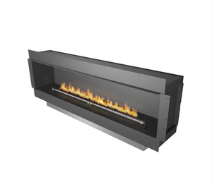 A modern black fireplace with amber fire  on white background
