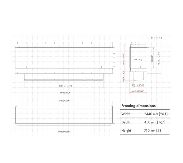 dimensional drawing of a fireplace with flaming dimensions description on grid background