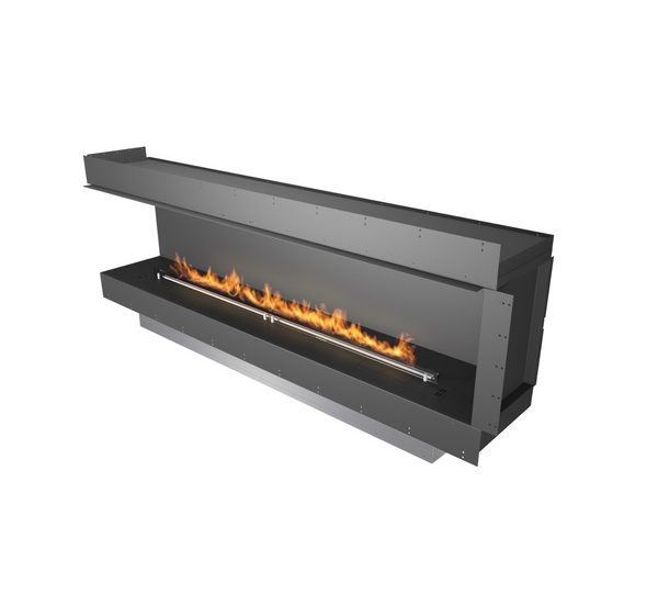 Big indoor fireplace with amber fire on white background