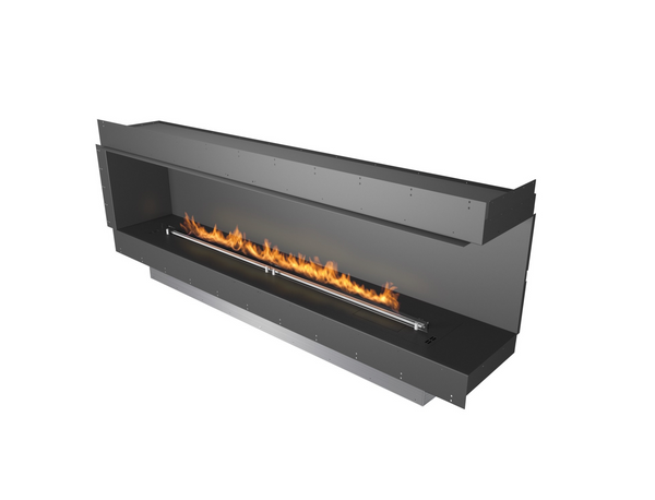 Modern Forma 2300 Right Corner bioethanol fireplace insert with long linear flame and black powder-coated steel construction