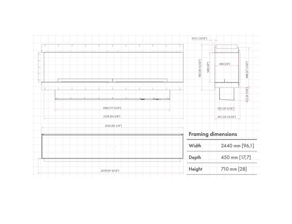 Technical drawing and installation dimensions of Forma 2300 Right Corner bioethanol fireplace showing width 2440 mm, depth 450 mm and height 710 mm framing dimensions