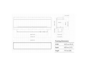 Planika Forma 2300 Three-Sided bioethanol fireplace technical sheet with specifications and installation dimensions