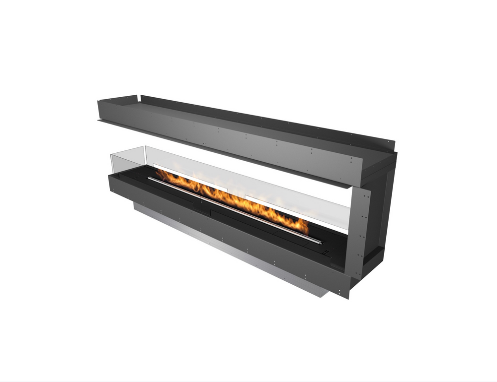 Modern linear fireplace with flames on a white background