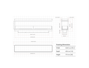 Technical drawing of a rectangular frame with dimensions