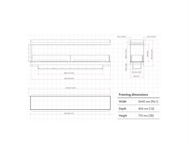 Technical drawing of a rectangular frame with dimensions