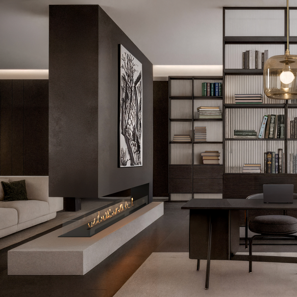 a render of fireplace in a grey living room