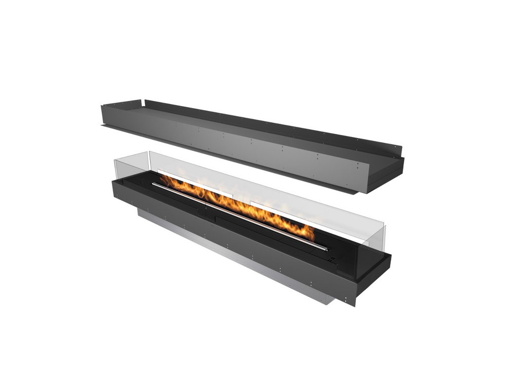 Modern fireplace insert with visible flames on a white background