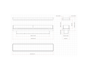 Technical drawing of a fireplace with dimensions on a white background