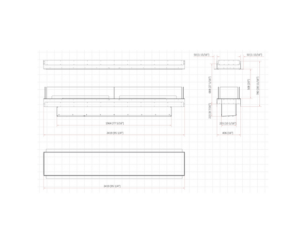 Technical drawing of a fireplace with dimensions on a white background