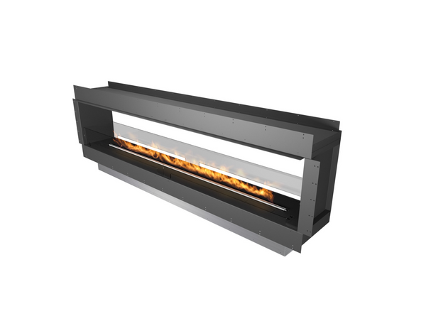 Modern linear fireplace with visible flames on a white background