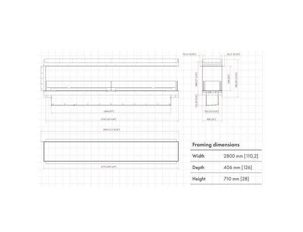 Technical drawing of a frame with dimensions labeled