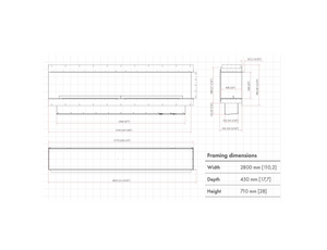 Technical drawing of a frame with dimensions labeled