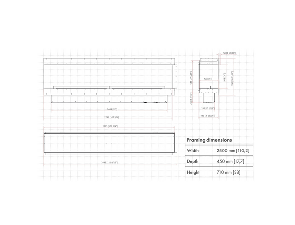 Technical drawing of a frame with dimensions labeled