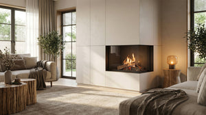 Modern living room with a fireplace, comfortable furniture, and decorative elements.