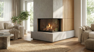 Modern living room with a fireplace, beige sofa, and decorative elements.