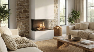 Modern living room with stone fireplace, beige sofas, and wooden coffee table.