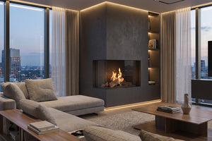 Modern living room with a fireplace and large windows